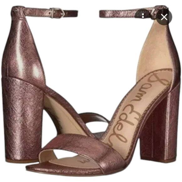 Sam Edelman Yaro Ankle Strap Heeled Crinkle Leather Sandals - Copper - 9 - Picture 1 of 14